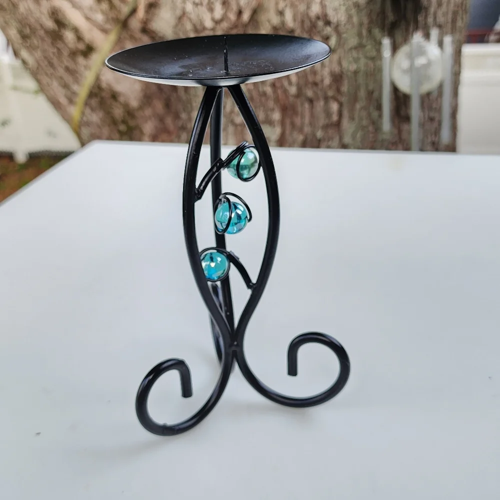 Pillar Wrought Iron Candle Holder‎ With Blue Crystals